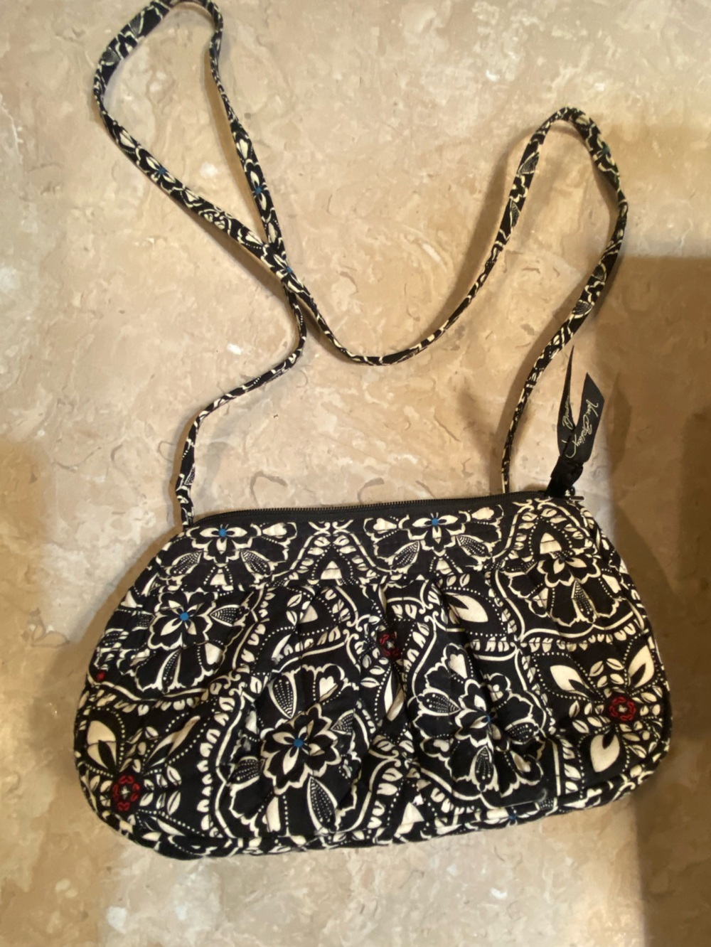 Vera Bradley Black & White Floral Quilted Crossbody with Small Red Accents